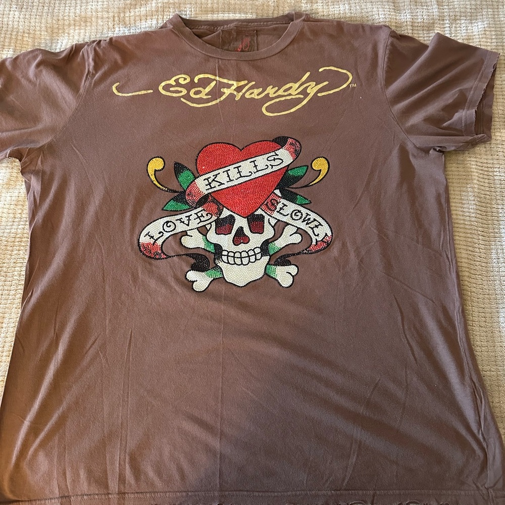 Ed Hardy Brown Short Sleeve Tee with Skull Graphic